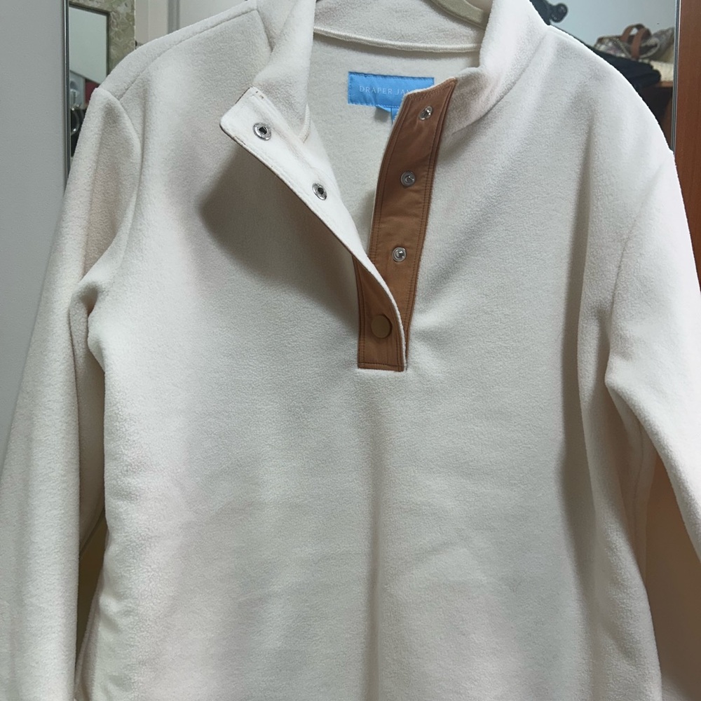 Draper James Cream Zip Up Sweater with Brown Trim